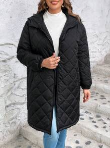 SHEIN LUNE 大碼拉鏈開襟連帽絎縫外套 - 黑色 - 查看 4