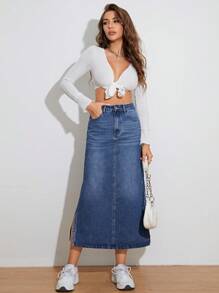 SHEIN Privé Falda en mezclilla de muslo con abertura - Azul lavado medio - Ver 5