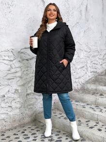 SHEIN LUNE 大碼拉鏈開襟連帽絎縫外套 - 黑色 - 查看 6