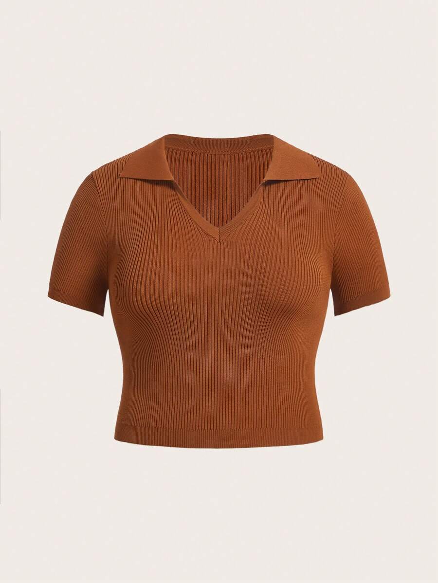 Flirla Plus Solid Ribbed Knit Top - Brown - View 1