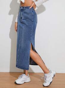 SHEIN Privé Falda en mezclilla de muslo con abertura - Azul lavado medio - Ver 4