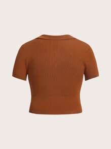 Flirla Plus Solid Ribbed Knit Top - Brown - View 2