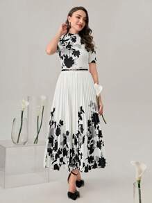Modelyn 小高領花卉圖案T恤&百褶半身裙不附腰帶 - 黑與白 - 查看 3