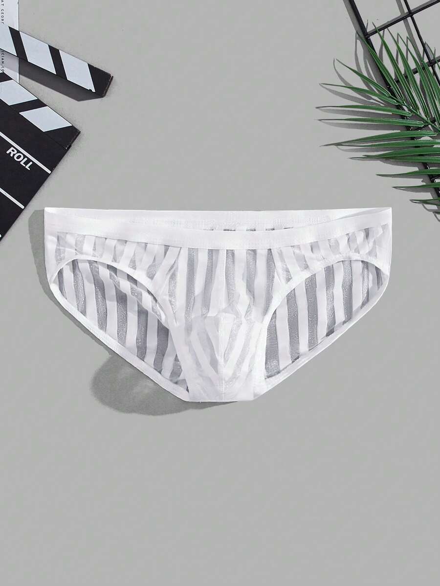 Men Striped Mesh Brief Bridallingerie - White - View 1