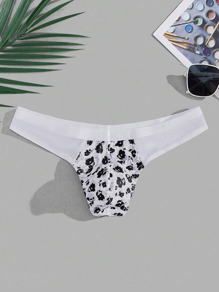 Men Floral Print Thong Sexy Underwear - Black and White - View 1