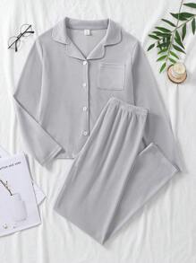 Teen Girl Waffle Knit Patched Pocket Button Front PJ Set - Grey - View 1