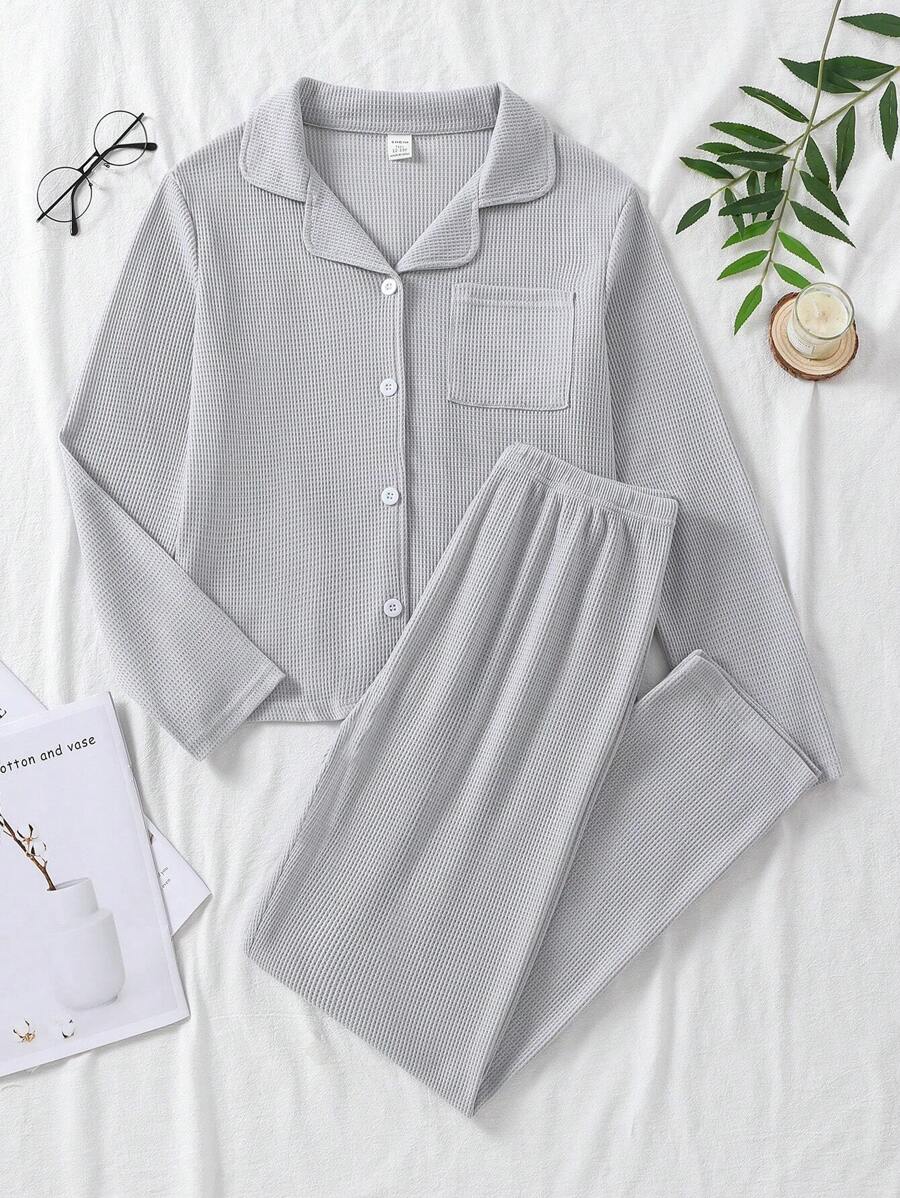 Teen Girl Waffle Knit Patched Pocket Button Front PJ Set - Grey - View 1