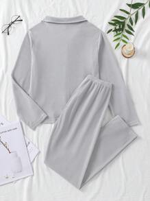 Teen Girl Waffle Knit Patched Pocket Button Front PJ Set - Grey - View 2