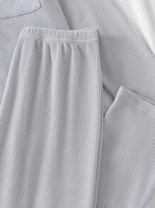 Teen Girl Waffle Knit Patched Pocket Button Front PJ Set - Grey - View 3