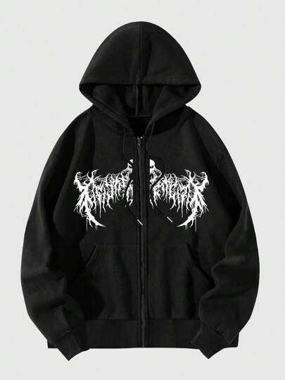 Goth sweat-shirt à capuche zippé avec cordon de serrage et doublure thermique, imprimé graphique pour homme, pour l'automne et l'hiver