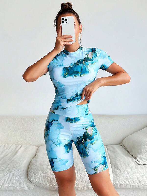 Swim SPRTY Summer Beach Marble Print Rashguard With Short Sleeve