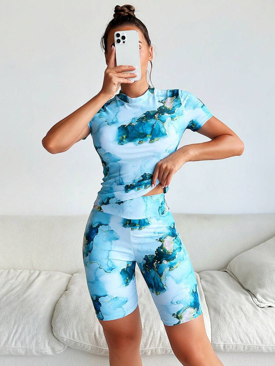 Swim SPRTY Summer Beach Marble Print Rashguard With Short Sleeve - Blue - View 1