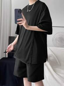 Claim Dot 寬鬆版式男士純色下垂肩t恤和短褲套裝 - 黑色 - 查看 1