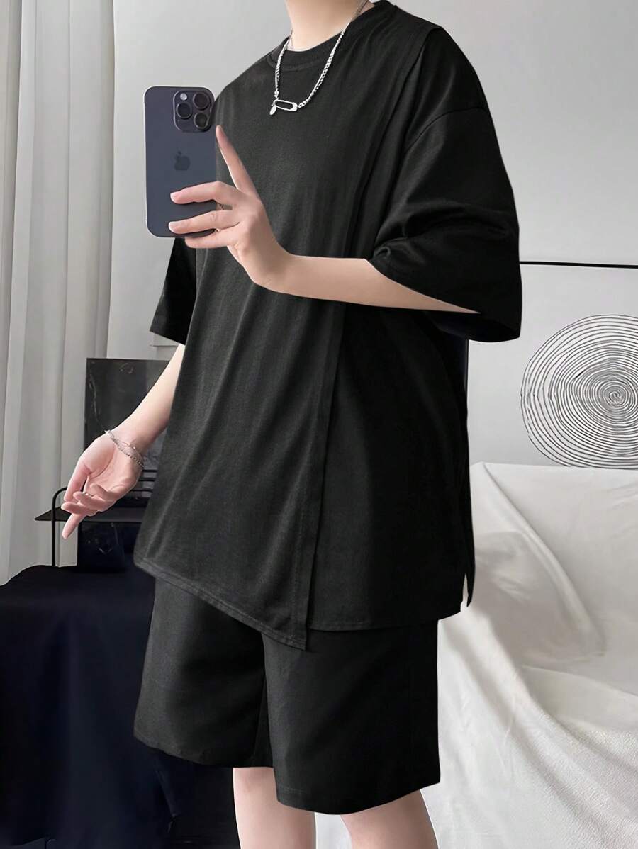 Claim Dot 寬鬆版式男士純色下垂肩t恤和短褲套裝 - 黑色 - 查看 1