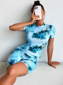 Swim SPRTY Summer Beach Marble Print Rashguard With Short Sleeve - Blue - View 4