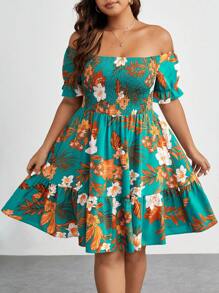 SHEIN Clasi Đầm xòe hở vai họa tiết nhiệt đới, tay loe, viền bèo nhún, trang phục đi biển cho nữ - Nhiều màu - Xem 4