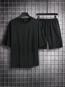 Claim Dot 寬鬆版式男士純色下垂肩t恤和短褲套裝 - 黑色 - 查看 5