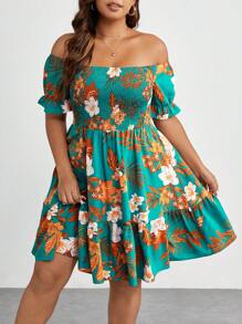 SHEIN Clasi Đầm xòe hở vai họa tiết nhiệt đới, tay loe, viền bèo nhún, trang phục đi biển cho nữ - Nhiều màu - Xem 5