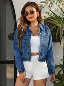 Pocket Drop Shoulder Denim Jacket - Dark Wash - View 6