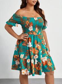 SHEIN Clasi Đầm xòe hở vai họa tiết nhiệt đới, tay loe, viền bèo nhún, trang phục đi biển cho nữ - Nhiều màu - Xem 6