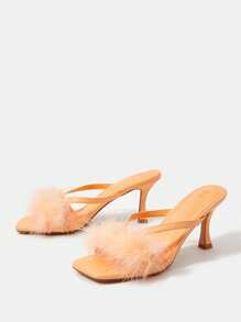 SheIn Belle Funky Orange Thong Sandals For Women, Fluffy Decor Toe Post Design Stiletto Heeled Sandals - Orange - View 5