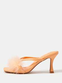 SheIn Belle Funky Orange Thong Sandals For Women, Fluffy Decor Toe Post Design Stiletto Heeled Sandals - Orange - View 6