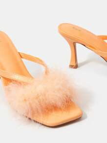 SheIn Belle Funky Orange Thong Sandals For Women, Fluffy Decor Toe Post Design Stiletto Heeled Sandals - Orange - View 3