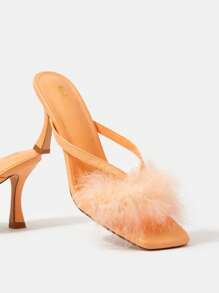 SheIn Belle Funky Orange Thong Sandals For Women, Fluffy Decor Toe Post Design Stiletto Heeled Sandals - Orange - View 8