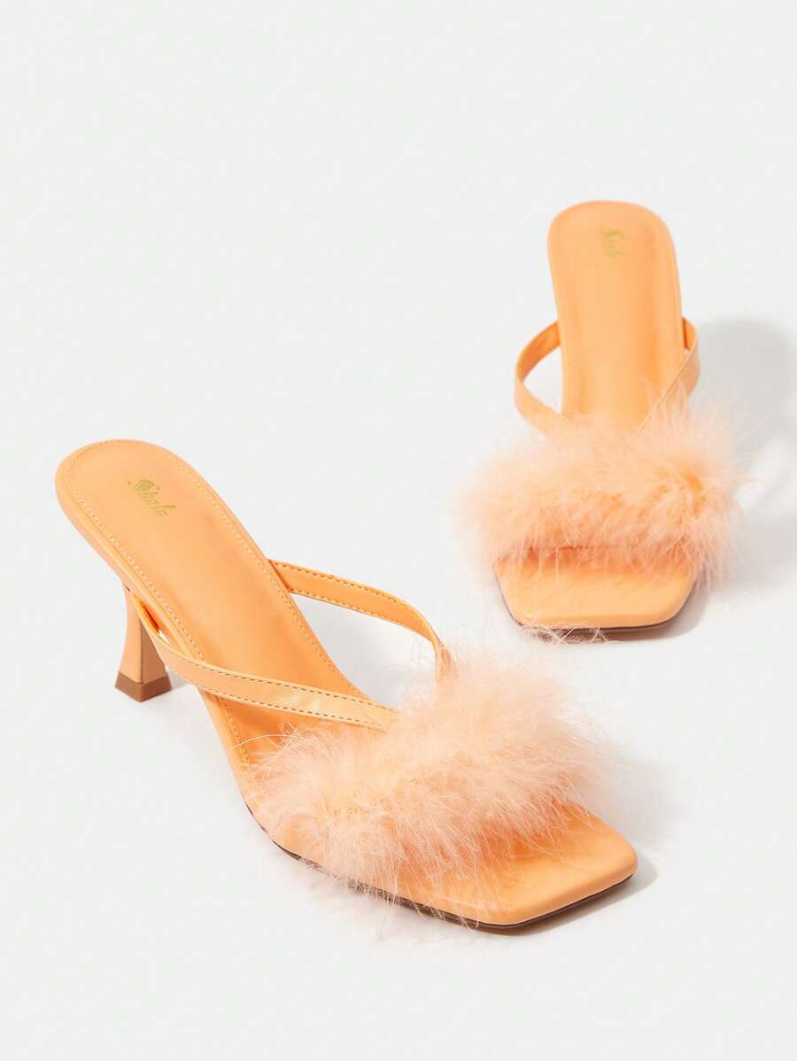SheIn Belle Funky Orange Thong Sandals For Women, Fluffy Decor Toe Post Design Stiletto Heeled Sandals - Orange - View 1