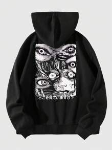 ROMWE MEN Goth 男士圖案及字母圖形束口帽毛內襯保暖衫 - 黑色 - 查看 1