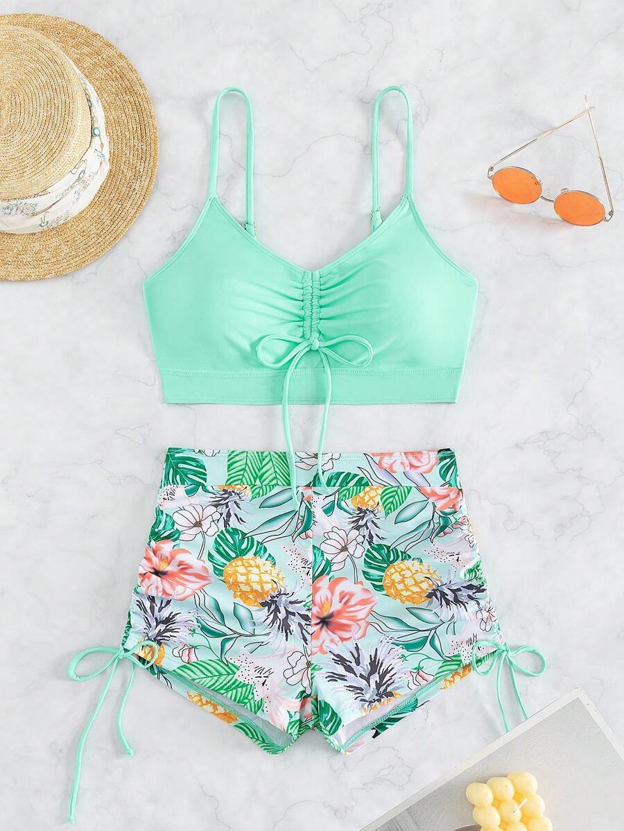 熱帶印花束腰比基尼套裝 - 彩色 - 查看 1