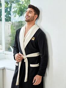 1 Miếng Đồ họa chữ cái  và phim hoạt hình Túi Kép Thắt lưng Trường bào mặc nhà - Đen và trắng - Xem 7