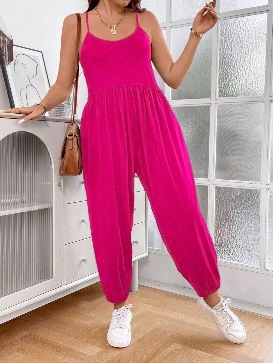 Calvaya Plus Solid Cami Jumpsuit - Hot Pink - View 1
