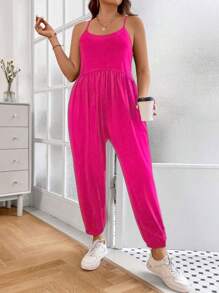 Calvaya Plus Solid Cami Jumpsuit - Hot Pink - View 5