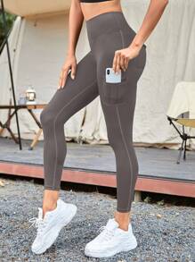 Yoga Basic 寬腰帶翻蓋口袋運動打底褲