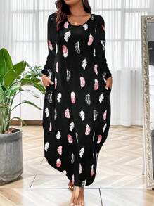 SHEIN LUNE Plus Feather Print Hidden Pocket Curved Hem Dress - Black - View 1