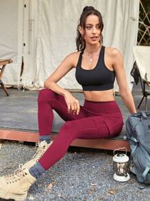 Easithlete 寬腰帶側翻蓋口袋運動打底褲