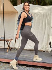 Yoga Basic 寬腰帶翻蓋口袋運動打底褲