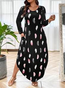 SHEIN LUNE Plus Feather Print Hidden Pocket Curved Hem Dress - Black - View 4