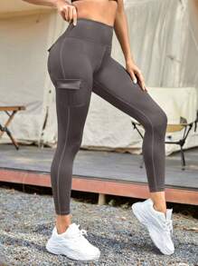 Yoga Basic 寬腰帶翻蓋口袋運動打底褲