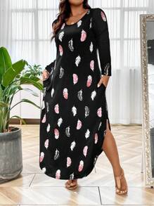 SHEIN LUNE Plus Feather Print Hidden Pocket Curved Hem Dress - Black - View 5