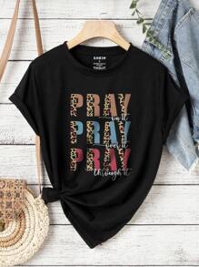 SHEIN LUNE 豹紋和標語圖案T恤 - 黑色 - 查看 1