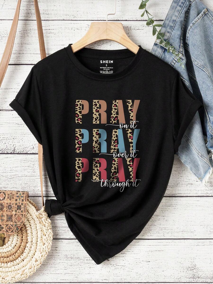 SHEIN LUNE 豹紋和標語圖案T恤 - 黑色 - 查看 1