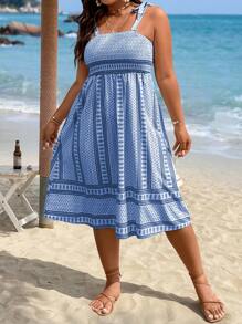 SHEIN Holidaya Hơn In Toàn bộ Váy Dây - Màu xanh lam - Xem 3