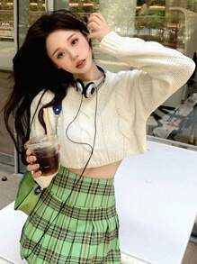 DAZY Xoắn Dan Thả vai Áo len Crop - trắng - Xem 8