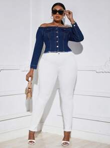 SHEIN SXY 大碼一字肩翻蓋口袋毛邊牛仔襯衫 - 深色水洗藍 - 查看 4