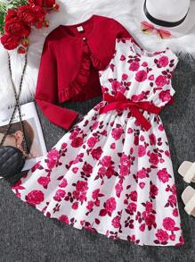 Tween Girl Floral Print Dress & Ruffle Trim Jacket,Holiday,Summer,Travel - Burgundy - View 3