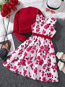 Tween Girl Floral Print Dress & Ruffle Trim Jacket,Holiday,Summer,Travel - Burgundy - View 2