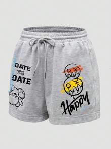 INAWLY 卡通和字母圖案腰部抽繩短褲 - 淺灰色 - 查看 3