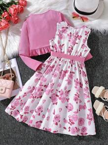 Tween Girl Floral Print Dress & Button Up Ruffle Trim Jacket,Holiday,Summer,Travel - Pink - View 2